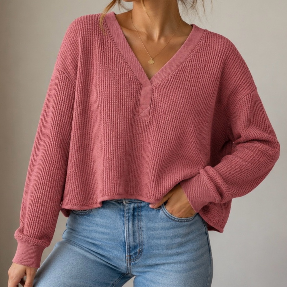 Madewell Waffle Knit Top – V-Neck- Dusty Rose – Size Small